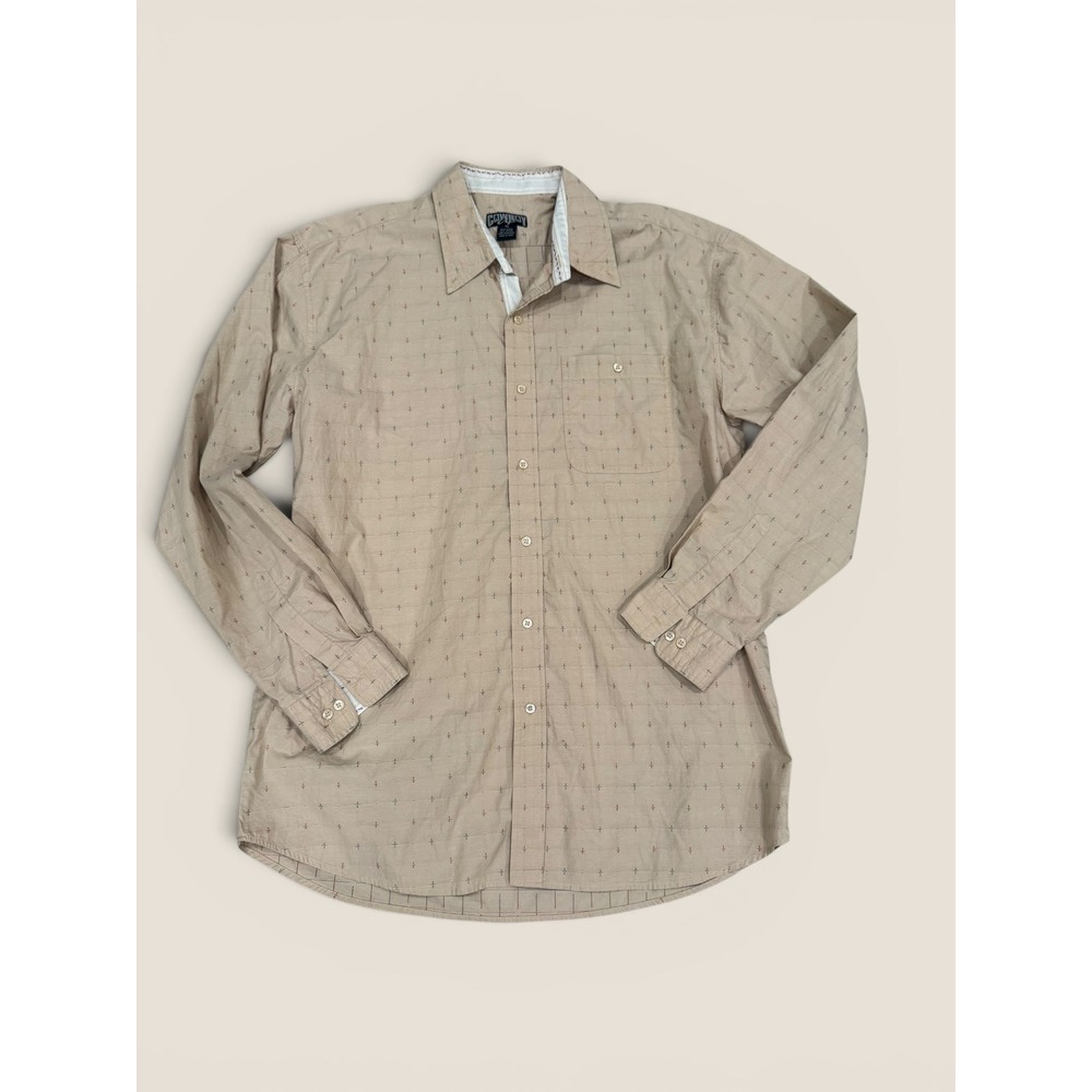 Cowboy Up Mens XL Tan Cotton Embroidered Cross Dobby Long Sleeve Button Up Shirt